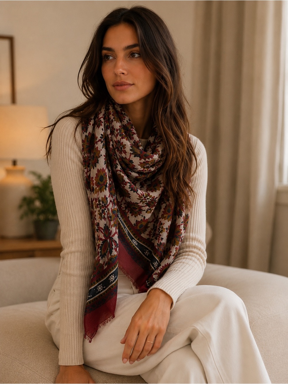 Massimo Dutti Floral Print Burgundy and Cream Scarf - Picture 8 of 8